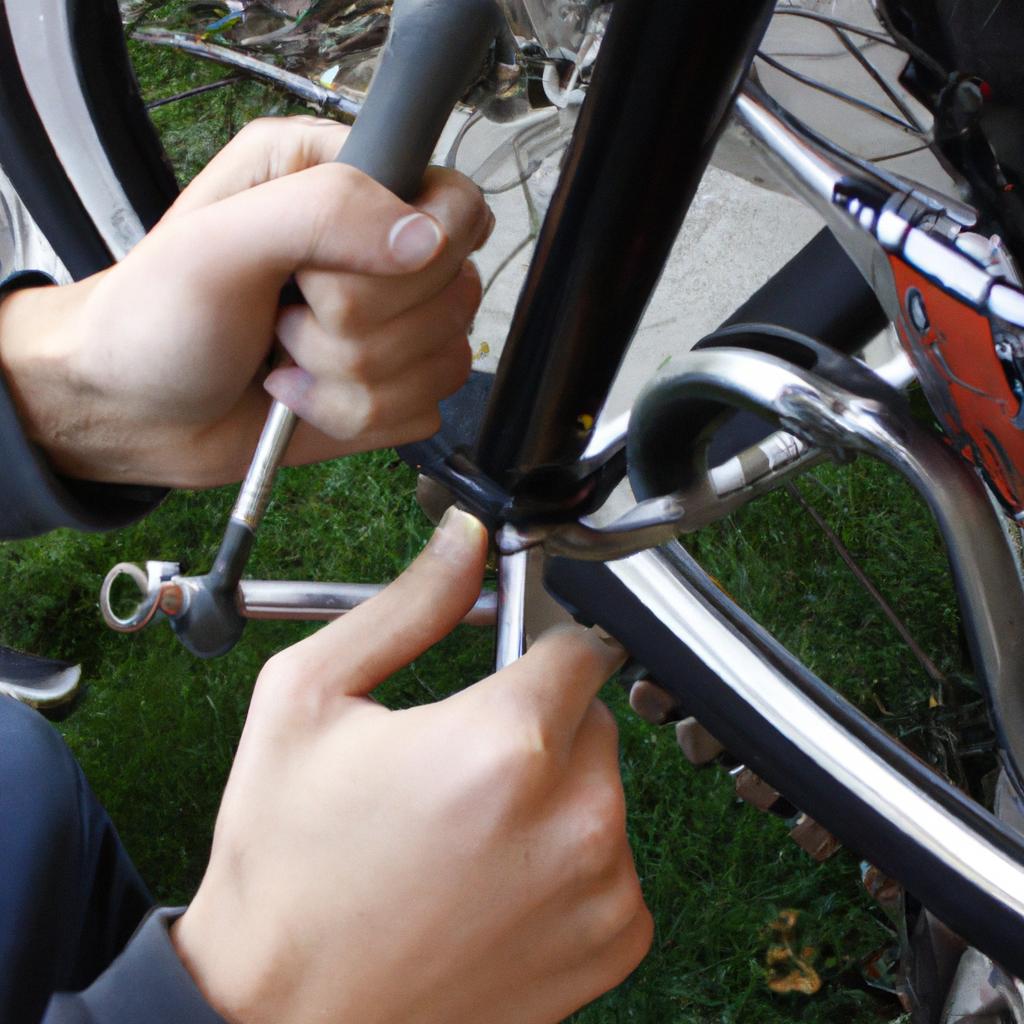 Person fixing bicycle with tools