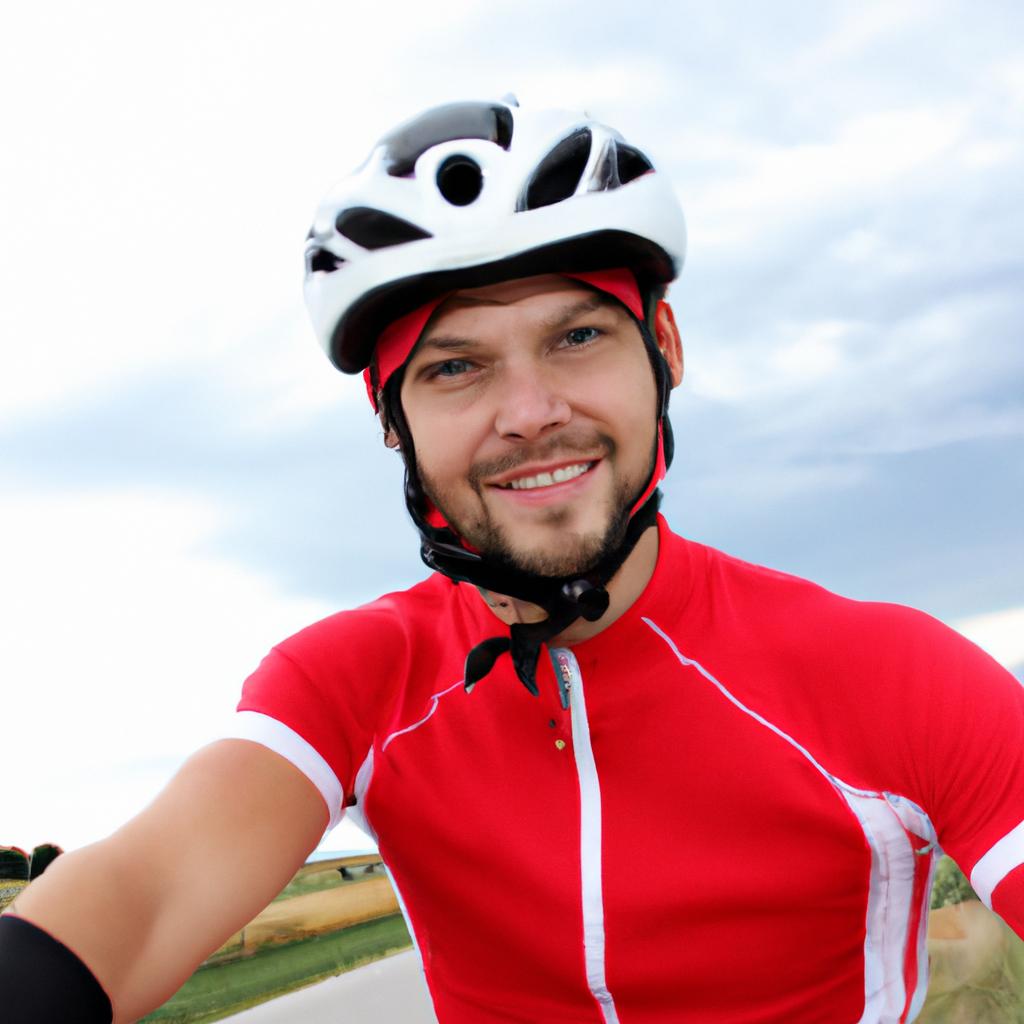 Cyclist wearing helmet and smiling