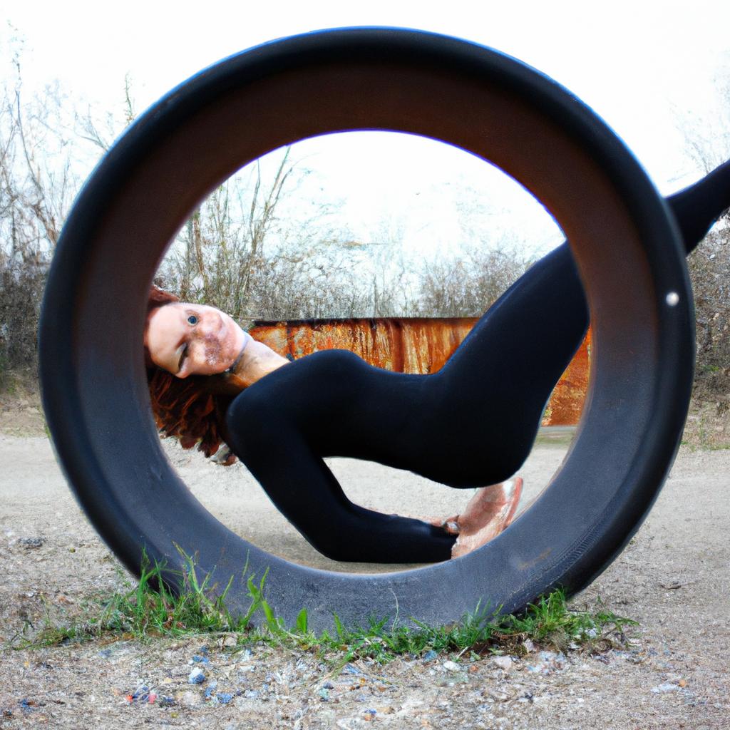 Woman doing yoga pose with wheel